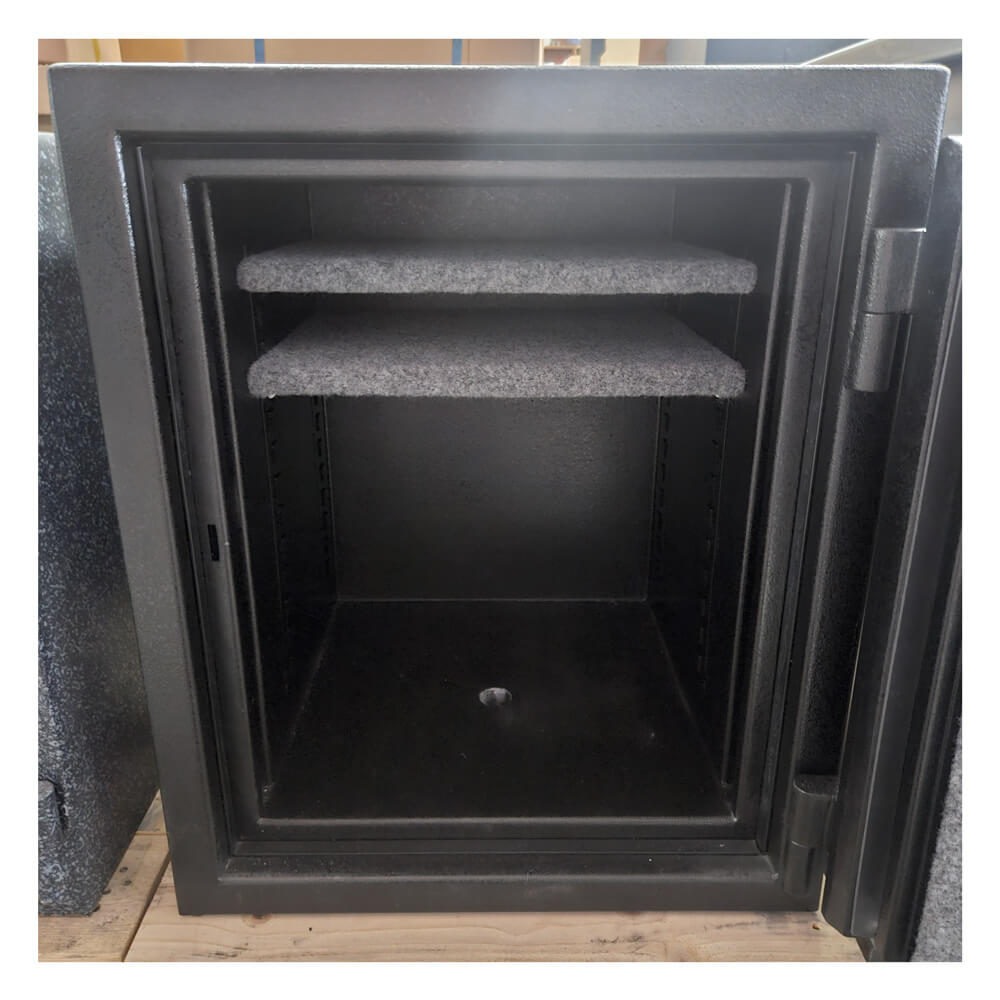 Used Dean Safe AMSEC BF2116 fire-rated burglary safe with black exterior and control panel, UL listed for security and fire protection.