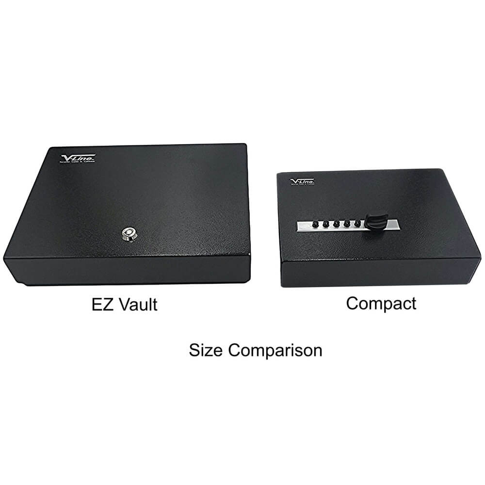 V-Line V-Line E-Z Vault TD handgun safe with secure locking mechanism, compact design, and foam interior for firearm protection.