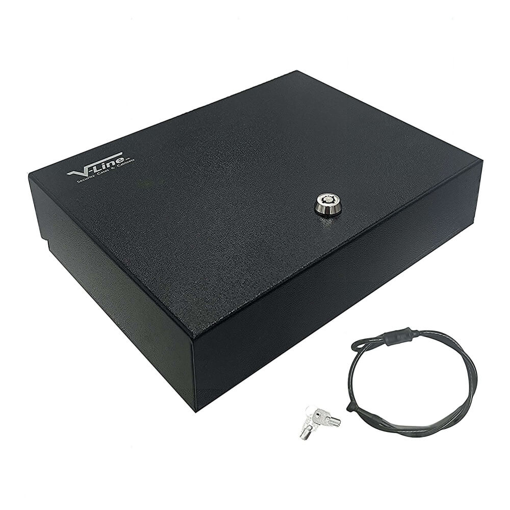V-Line E-Z Vault TD handgun safe with rugged exterior, secure lock, and compact design for firearm security.