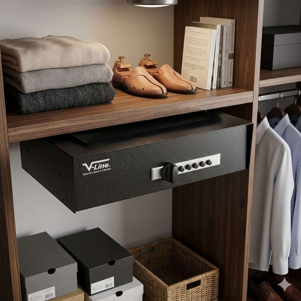 V-Line Hide-Away Large Capacity Handgun Safe concealed in a closet for secure firearm storage.