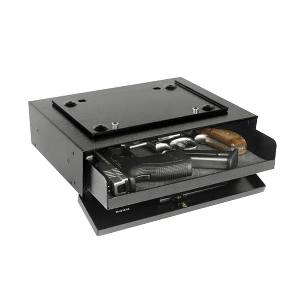 Interior view of V-Line Hide-Away large capacity handgun safe showing secure storage compartments and locking mechanism.