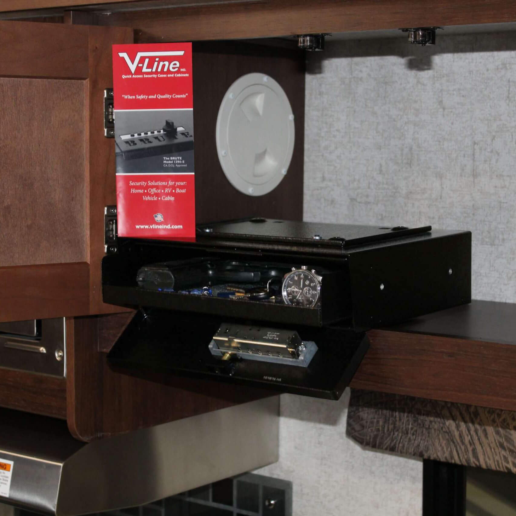 V-Line Hide-Away Large Capacity Handgun Safe with secure lock and discreet concealment for firearms and valuables.