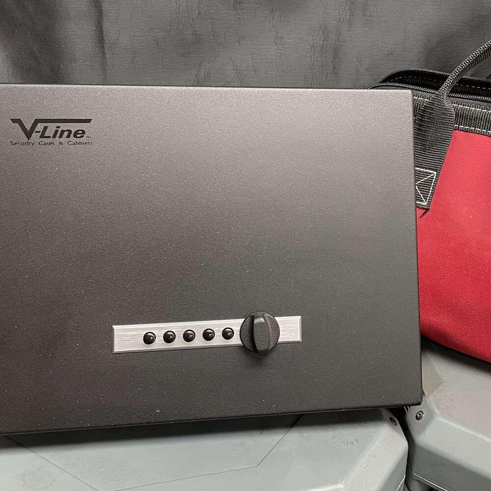 V-Line Tactical Top Draw handgun safe with quick access security case, featuring a compact design and secure locking mechanism.