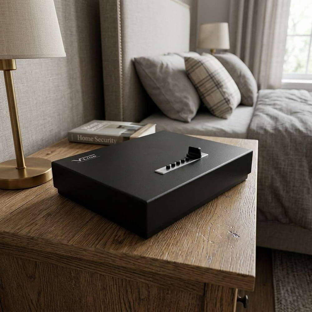 V-Line Top Draw XD handgun safe with heavy-duty lock cover, shown in a bedroom setting for secure firearm storage.