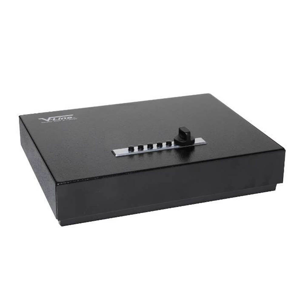 V-Line Top Draw XD handgun safe with heavy-duty lock cover, compact metal security safe for firearm storage.
