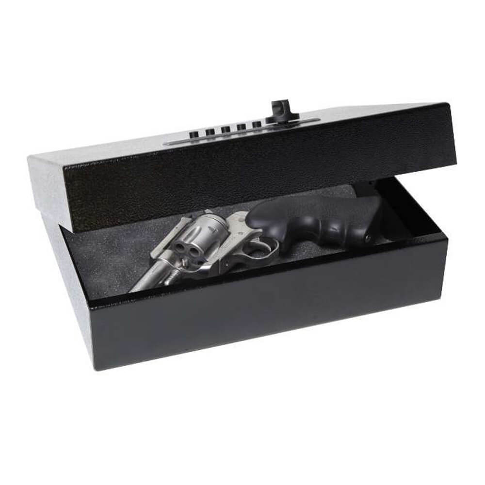 V-Line Top Draw XD handgun safe with heavy-duty lock cover, compact design, and secure locking mechanism for firearm safety.
