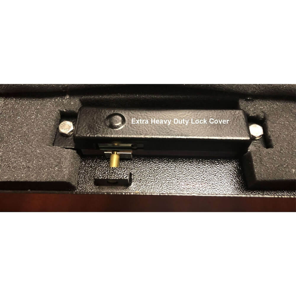 V-Line Top Draw XD handgun safe with heavy-duty lock cover, showcasing secure steel construction and locking mechanism.