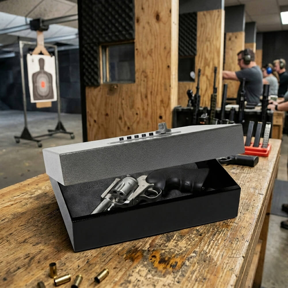 V-Line Top Draw XD handgun safe with heavy-duty lock cover, shown at shooting range with secure safe open for firearm access.
