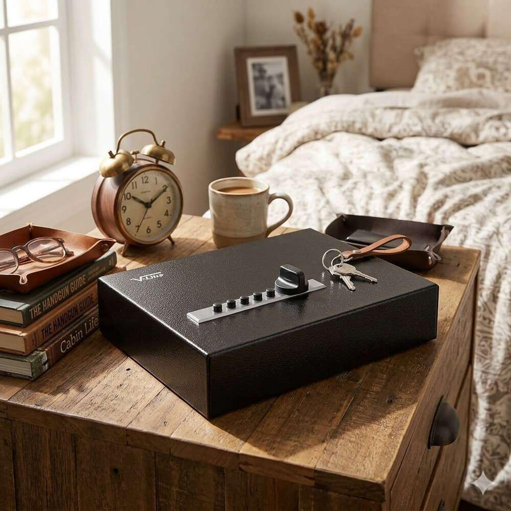 V-Line Compact Pistol Safe for bedrooms, secure handgun storage with keypad lock in a modern bedroom setting.