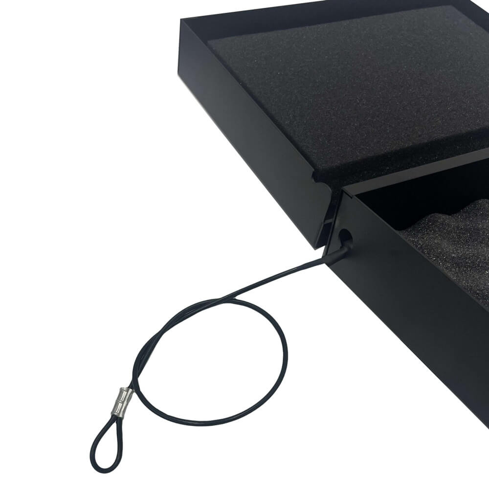 V-Line Compact Pistol Safe with cable lock, compact handgun safe designed for secure firearm storage.