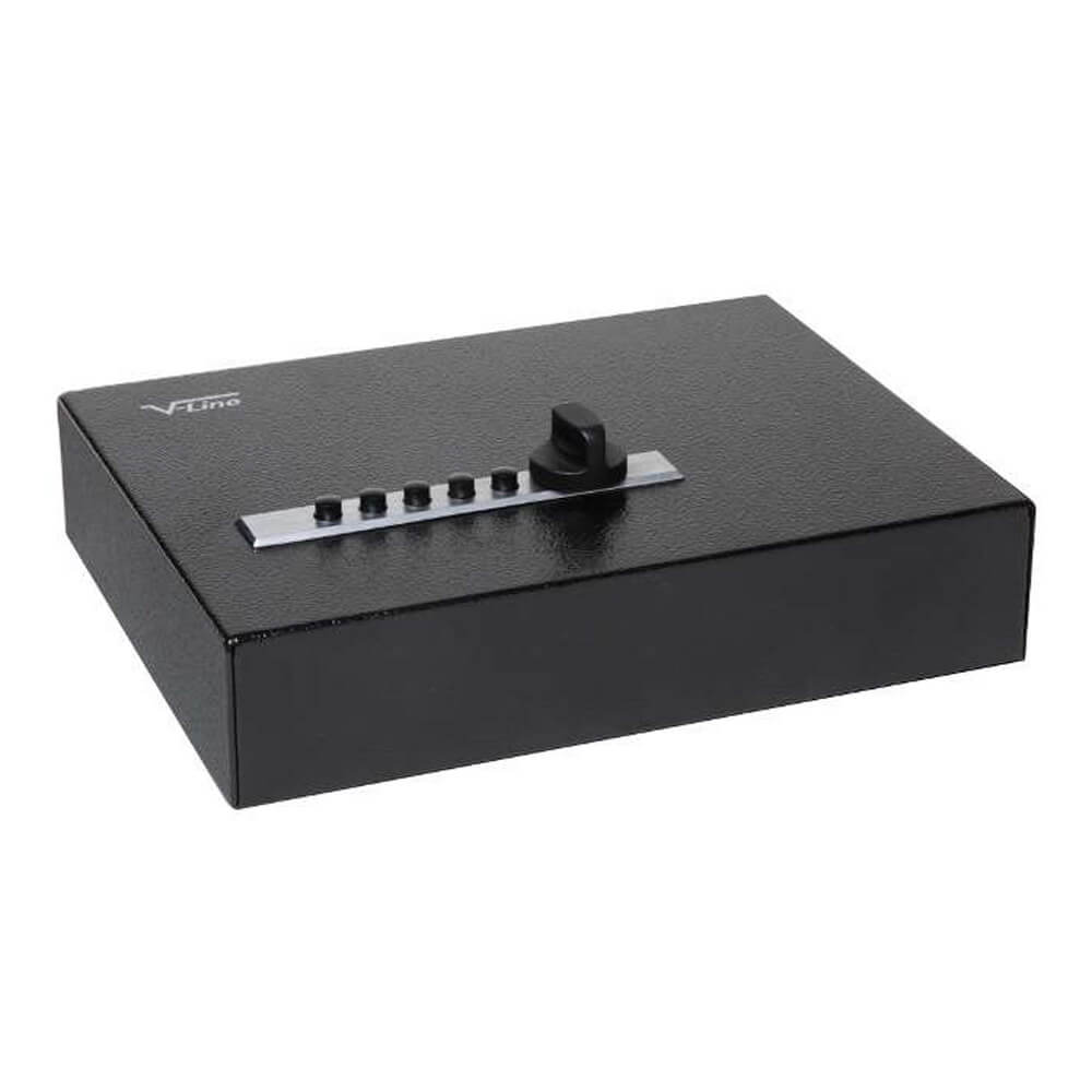 V-Line Compact Pistol Safe with external lock and sturdy metal body, designed for secure handgun storage.