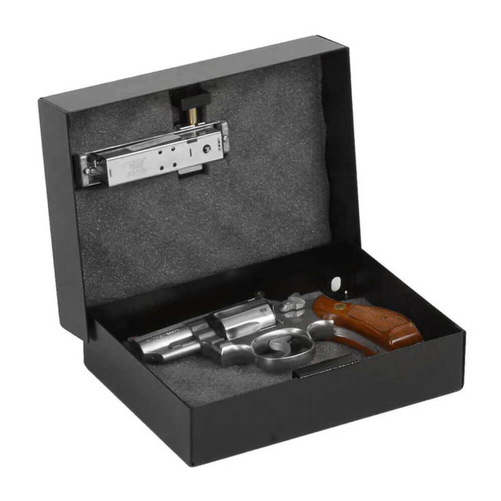 Interior view of the V-Line Compact Pistol Safe showing foam-lined compartments for handguns and accessories.
