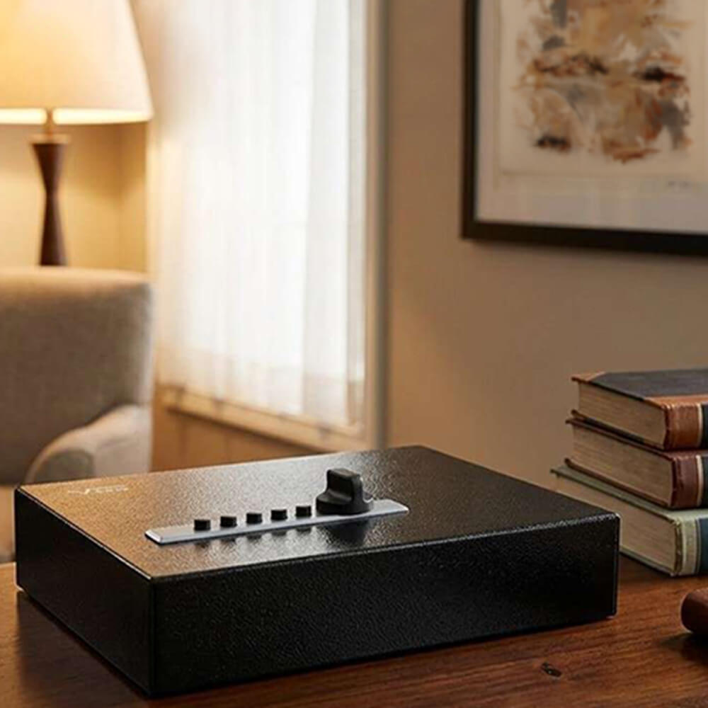 V-Line V-Line Compact Pistol Safe in an office setting, secure handgun storage with compact design and digital lock.