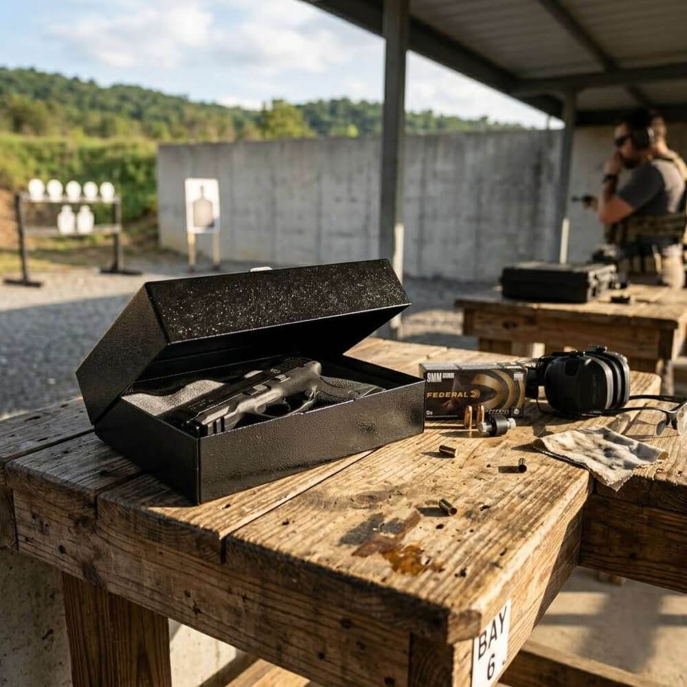 V-Line Compact Pistol Safe, a secure handgun safe shown at a shooting range, designed for compact firearm storage and safety.