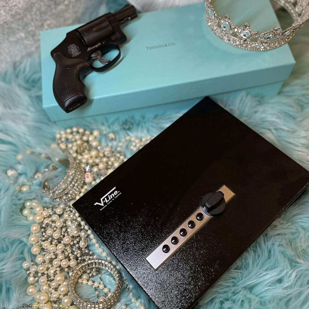 V-Line Compact Pistol Safe with keypad lock, designed for secure handgun storage and valuables.