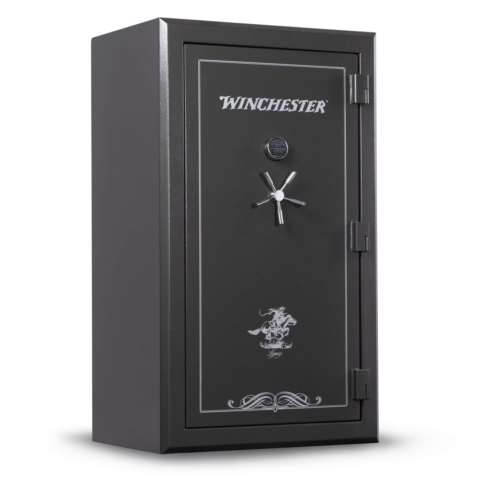 Winchester Legacy 53 gun safe in slate color, shown closed from an angled view, secure storage for firearms.