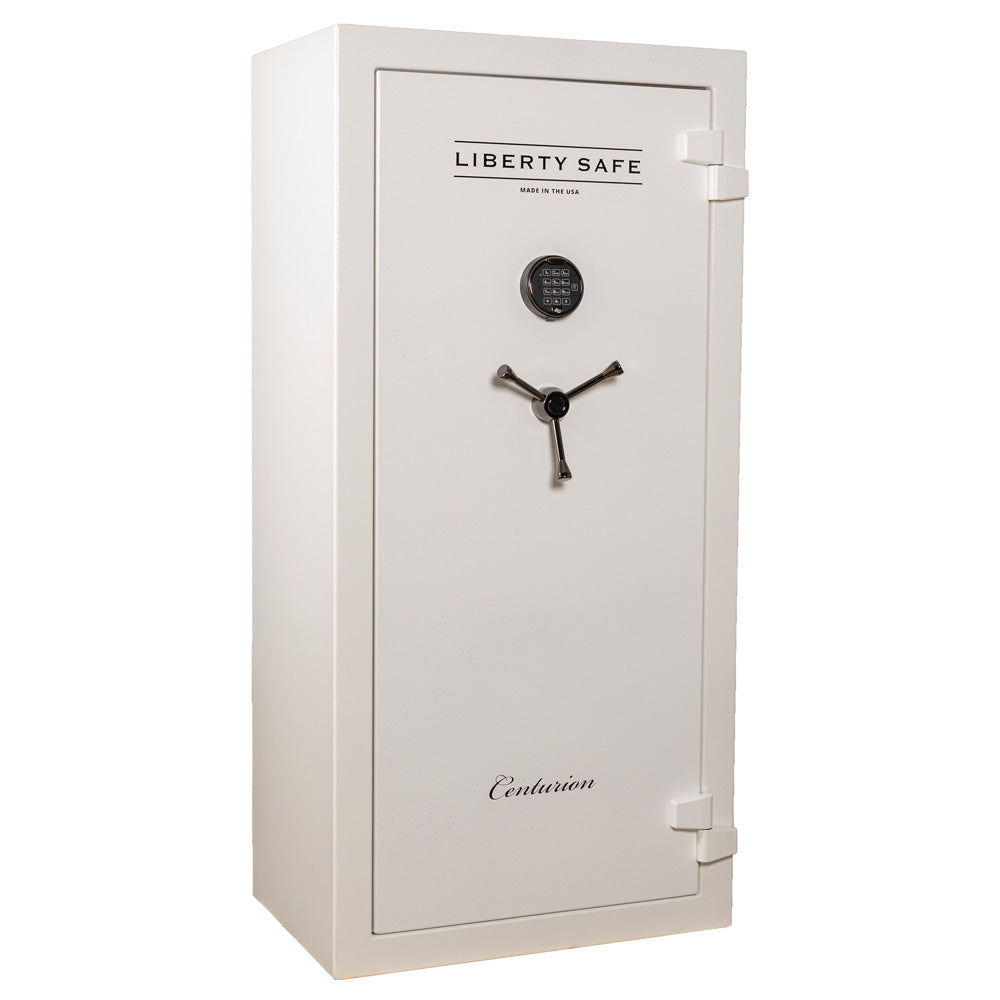 Liberty Centurion 24 gun safe in white textured finish with secure locking system and spacious interior for firearm storage.