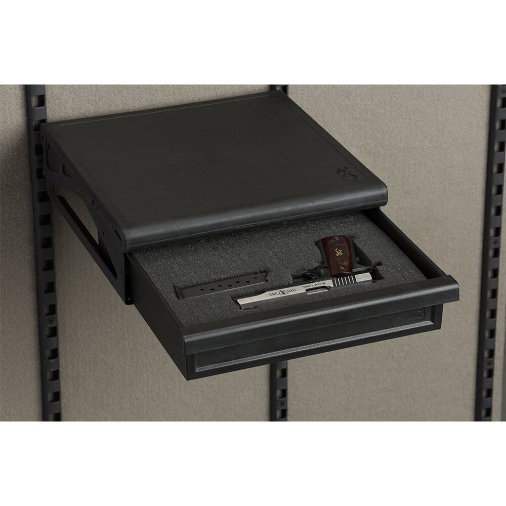 Browning AXIS drawer with foam insert by Dean Security, Inc., featuring organized storage and protective foam padding.
