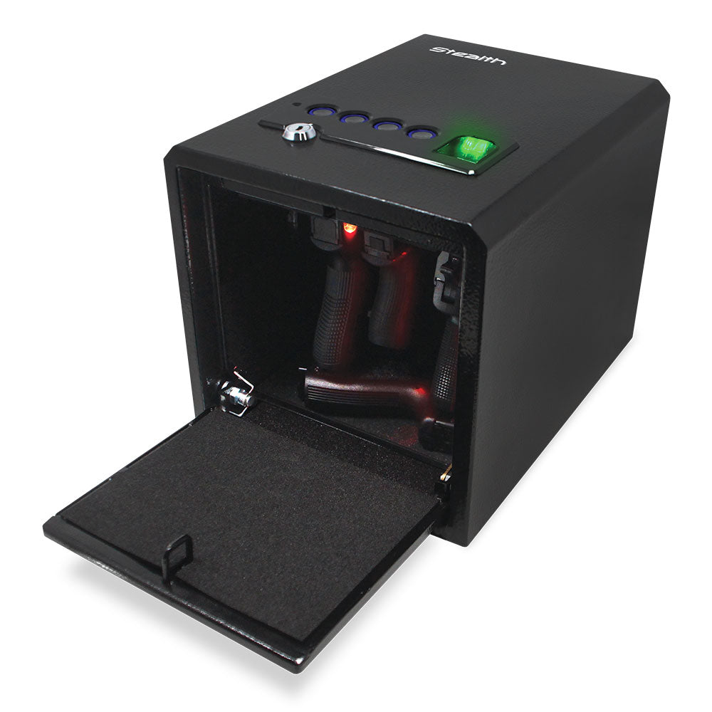 Stealth biometric handgun safe with quick access bio pistol security box, featuring biometric fingerprint scanner and secure storage.