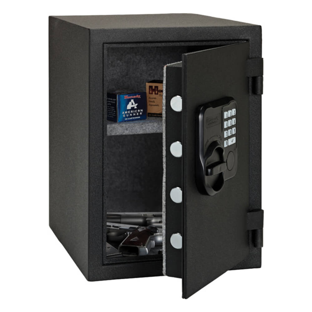 Hornady fireproof keypad safe for home security, featuring digital keypad and sturdy construction for protecting valuables.