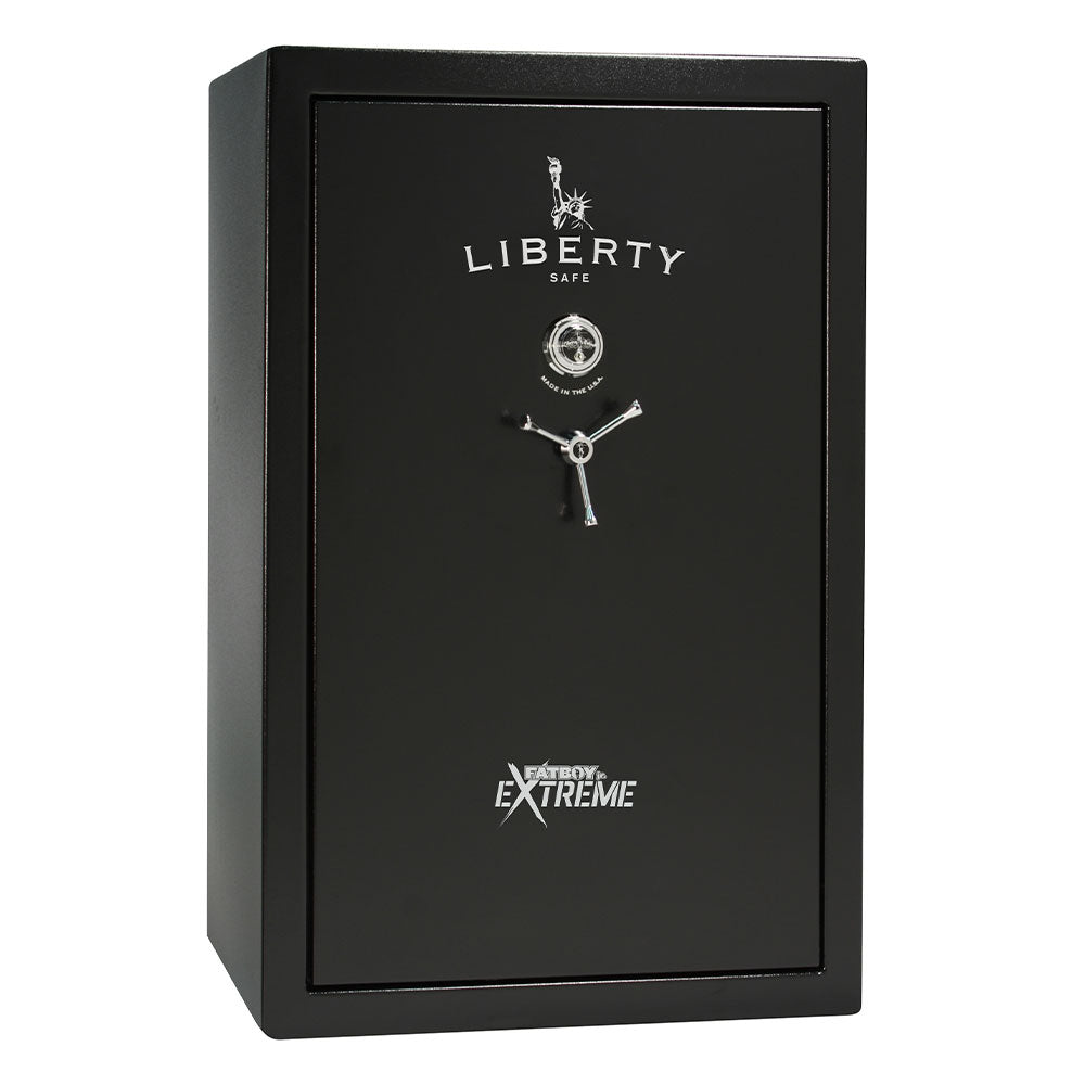 Liberty Fatboy Jr. Extreme Black textured gun safe with heavy-duty locking mechanism and digital keypad for secure firearm storage.