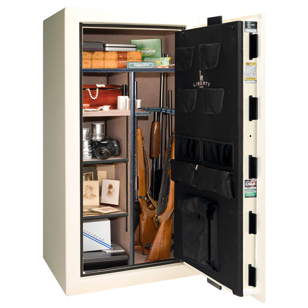 Liberty Colonial 23 CO23 white gloss gun safe with a decorative flag design on the door, providing secure firearm storage.
