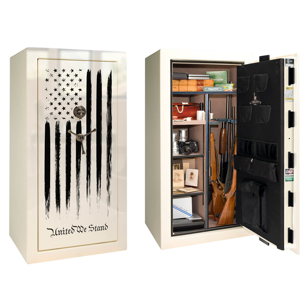 Liberty Colonial 23 CO23 gun safe in white gloss finish with an American flag design, secure storage for firearms.