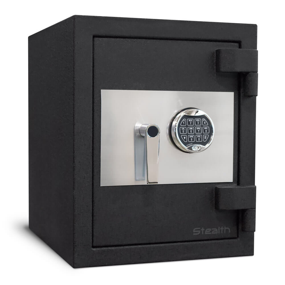 Black Stealth CS20 concrete composite home safe with burglary and fire protection, featuring a sturdy door and digital keypad lock.