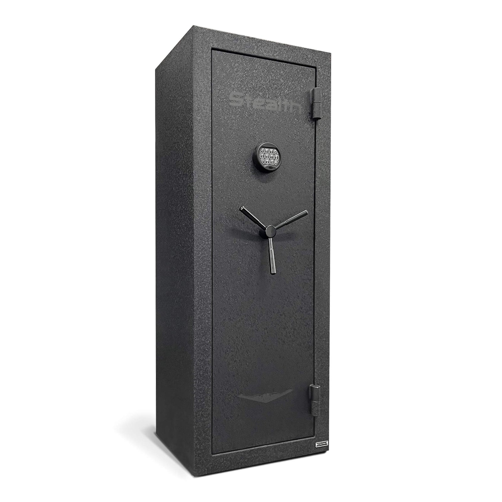 Steel Stealth Essential Gun Safe EGS14 with secure lock and compact design, featuring a black exterior and keypad for safe storage.