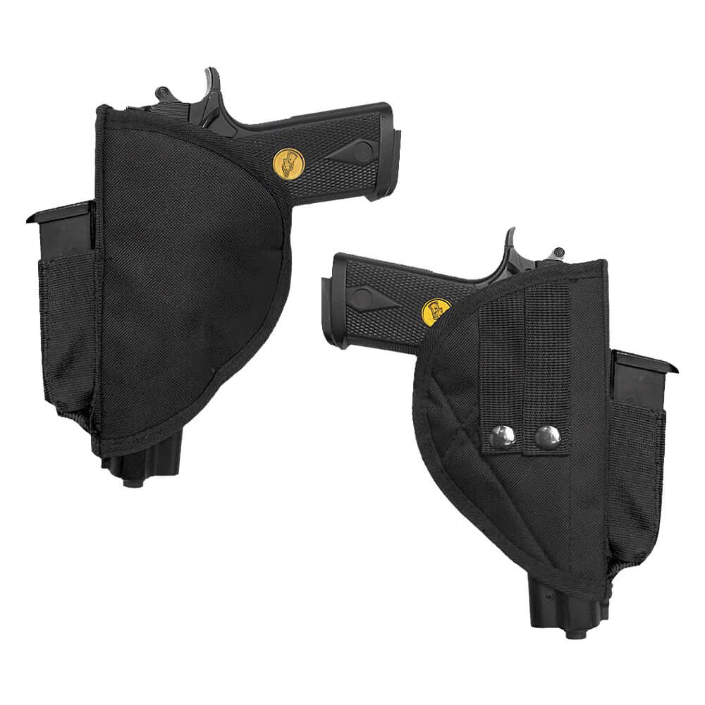 Stealth Molle pistol holster attached to tactical gear, designed for secure firearm carry and quick access in a gun safe accessory.