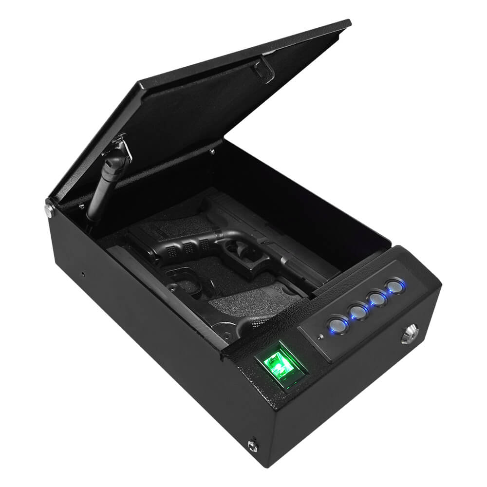 Stealth Top Vault quick-access biometric handgun safe with digital keypad and secure lock mechanism.