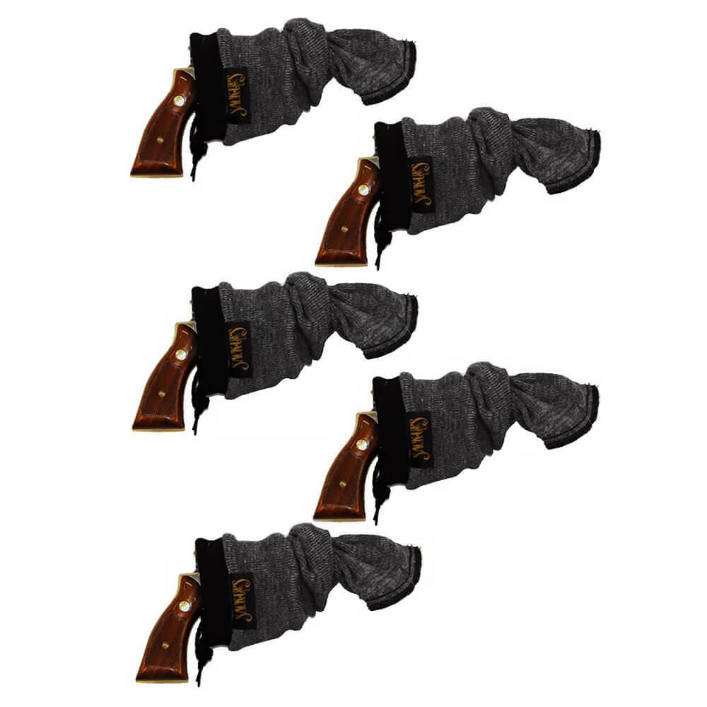 Set of five Sack-Ups 13.5-inch pistol socks for gun safe organization and protection of firearms.