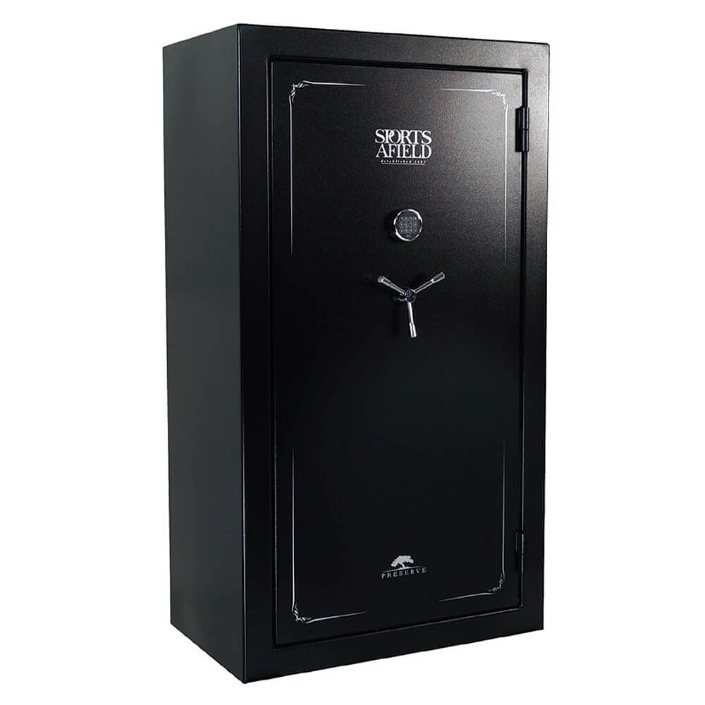 Sports Afield Preserve Gun Safe SA7240P showing secure metal exterior and keypad lock for firearm security.