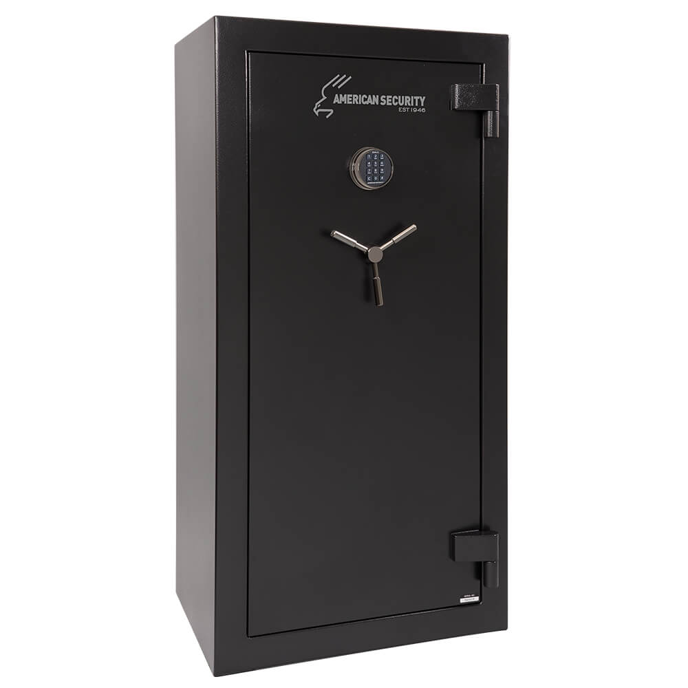 American Security SF6032E5 gun safe with keypad lock and reinforced steel construction, shown with closed door and digital keypad.