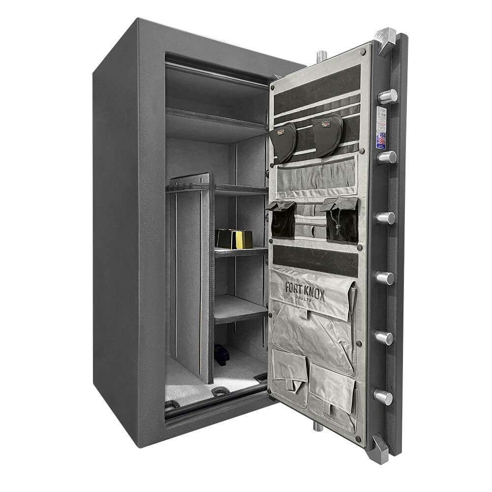Fort Knox Defender 6031 gun safe in dark granite finish with upgraded security features and interior shelving.