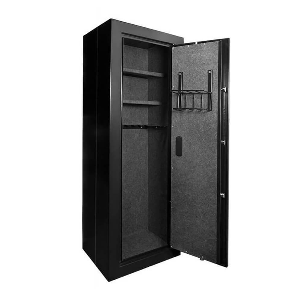 Barska Large Biometric Rifle Safe AX11898, an open metal gun cabinet