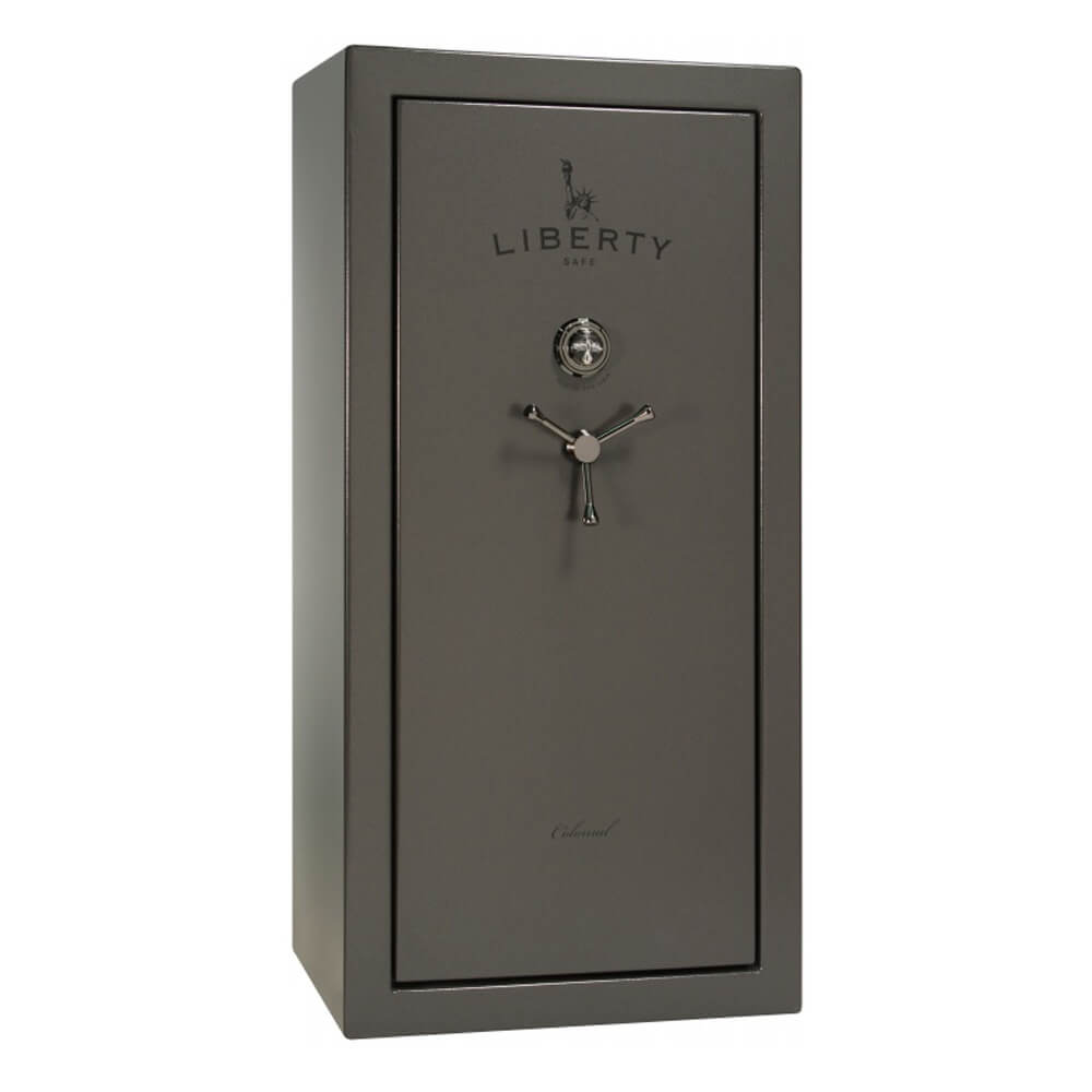 Liberty Colonial 23 CO23 gun safe with black and chrome exterior, gray marble fabric interior, sturdy steel construction.