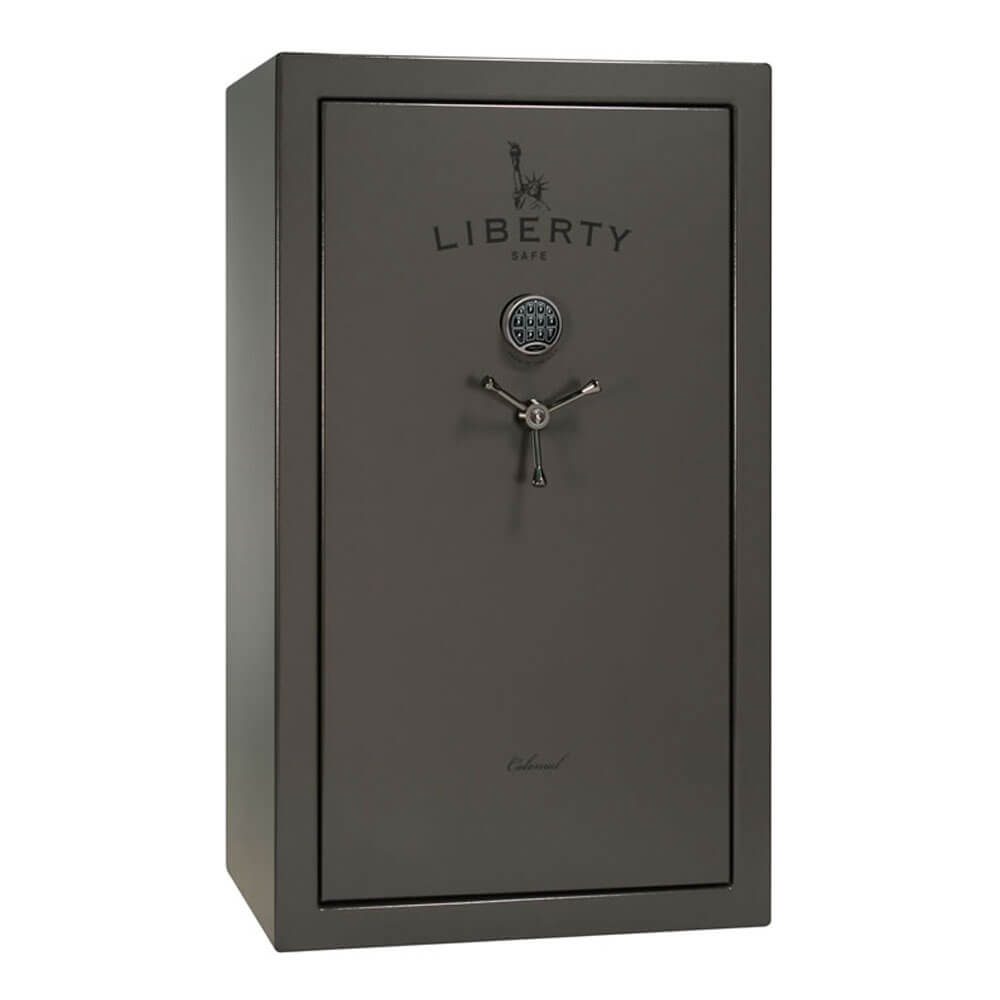 Liberty Colonial 30 CO30 gun safe with black and chrome exterior, sturdy steel construction, and secure locking system.