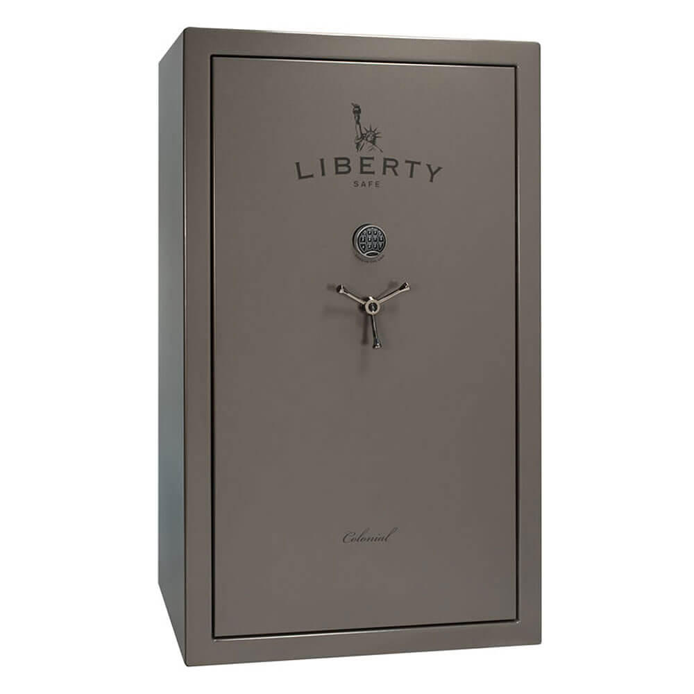 Liberty Colonial 50 CO50 gun safe with gray marble exterior, black chrome accents, and gray fabric interior.