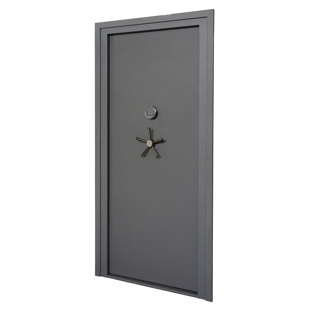 SnapSafe Premium 36-inch gray vault door in-swing, showing sturdy steel construction and secure locking mechanism.